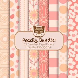 May include: A set of 24 digital papers featuring peachy pink and cream colors. The papers have various patterns including polka dots, stripes, flowers, and geometric designs. The papers are 12 inches by 12 inches and 300 DPI.