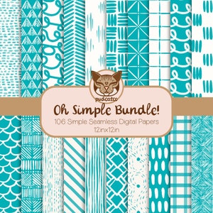 106 Simple Seamless Digital Paper Bundle, Printable Blue-Green and White Repeating Patterns, Commercial Use, Classic Boho, Vintage Geometric
