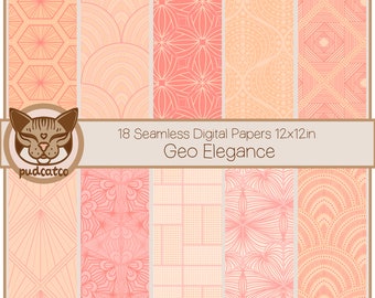 Art Deco Pink and Peach Seamless Digital Paper, Geometric Patterns, Elegant Geometric Backgrounds, 18 Repeat Designs