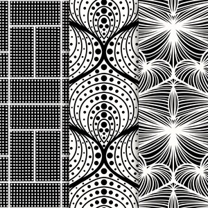 May include: Three black and white seamless patterns. The first pattern is a grid of small squares. The second pattern is a series of overlapping circles and curved lines. The third pattern is a series of radiating lines.