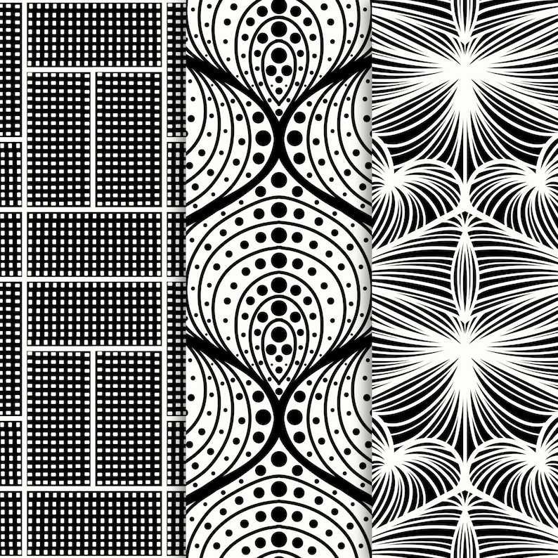 May include: Three black and white seamless patterns. The first pattern is a grid of small squares. The second pattern is a series of overlapping circles and curved lines. The third pattern is a series of radiating lines.