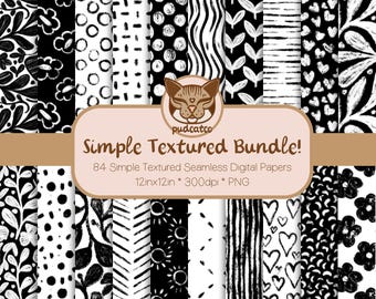 Simple Textured Digital Paper Bundle, 84 Printable Black and White Repeating Patterns, Commercial Use, Classic Seamless Designs
