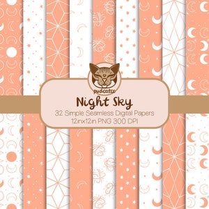 32 Peach Digital Seamless Paper, Night Sky Repeating Pattern, Moon and Stars, Digital Scrapbooking, DIY Arts and Crafts, Commercial Use