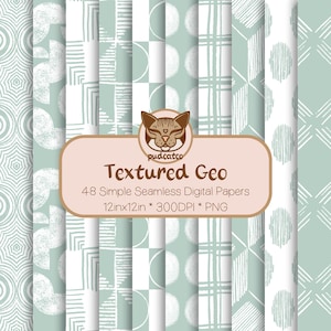May include: Set of 48 digital papers with geometric patterns in white and light blue. The papers are 12 inches by 12 inches and 300 DPI. The text "Textured Geo" is displayed on the image.