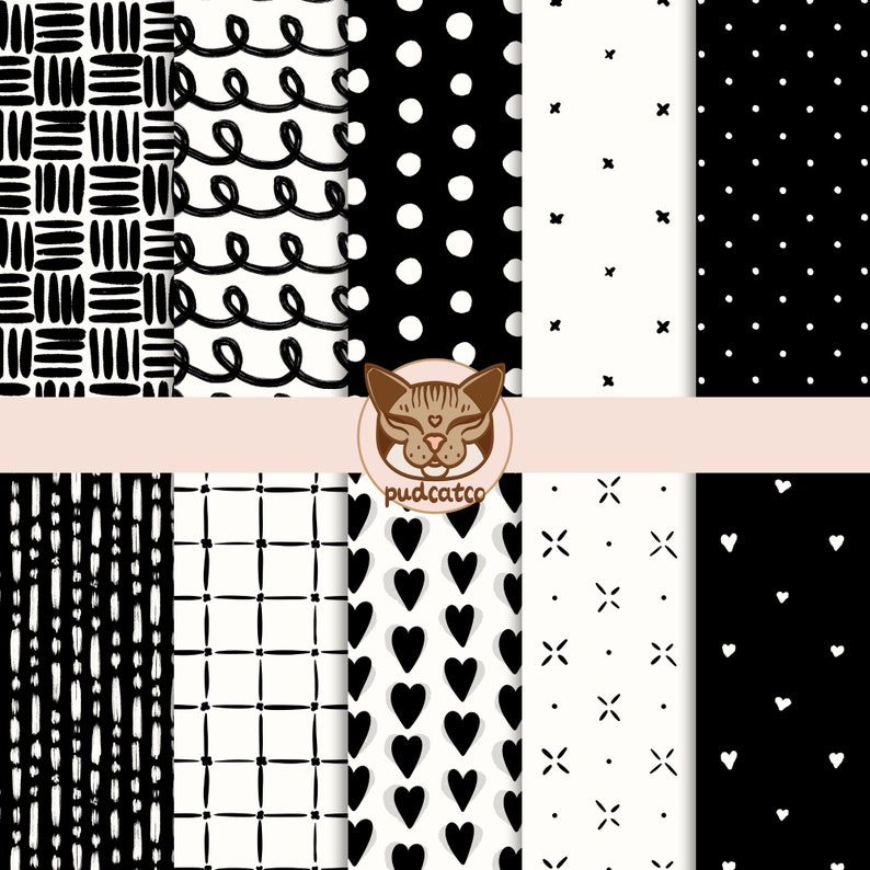 50 Seamless Digital Papers, Simple Printable Black and White Repeating ...