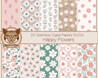 Cute floral digital paper, Spring Flower repeating seamless pattern, playful, fun scrapbooking paper, backgrounds, 24 designs Pink and Green