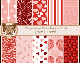 Valentine's Day Red and Pink Love Heart Digital Seamless Paper 24 Designs