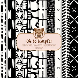 May include: A set of 50 black and white digital papers with simple geometric patterns. The papers are 12 inches by 12 inches and are perfect for crafting and scrapbooking.
