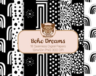 18 Hand-Drawn Boho Inspired Designs, Black and White Seamless Digital Paper, Repeating Flower Pattern, Digital Backgrounds, Scrapbooking