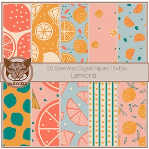 Citrons modernes, papier numérique transparent, motifs de citron répétitifs, arrière-plans numériques et scrapbooking, 20 motifs fruits jaunes et pêche