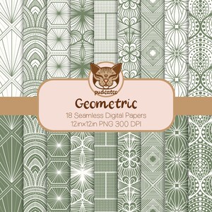 18 Hand-Drawn Geometric Designs, Sage and White Seamless Digital Paper, Repeating Geo Pattern, Digital Backgrounds, Scrapbooking