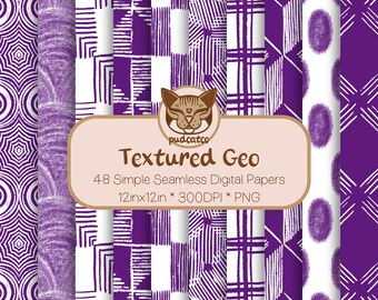 Textured Geometric Designs, 48 Seamless Digital Papers, Printable Purple Repeating Patterns, Commercial Use, Rough and Rustic