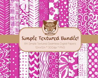Simple Textured Digital Paper Bundle, 84 Printable Bright Pink and White Repeating Patterns, Commercial Use, Classic Seamless Designs