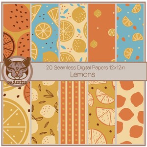 Op de afbeelding: Een set van 20 digitale papieren met verschillende citroenpatronen in geel, oranje en blauw. De papieren zijn 30,5 x 30,5 cm groot en perfect voor knutselen en scrapbooking.