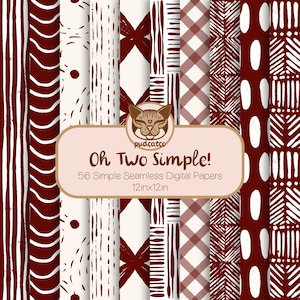 56 semplici carte digitali senza cuciture, motivi ripetuti stampabili in rosso e bianco bordeaux, uso commerciale, linee strutturate, geometrici vintage