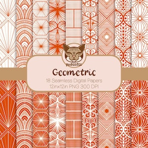 May include: Set of 18 digital papers featuring geometric patterns in orange and white. The papers are 12 inches by 12 inches and 300 DPI.