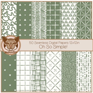 50 Seamless Digital Papers, Simple Sage and White Repeating Patterns, Commercial Use, Classic Boho, Geometric Doodles