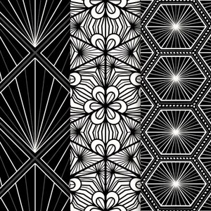 May include: Three black and white geometric patterns. The first pattern is a diamond shape with radiating lines. The second pattern is a flower with radiating lines. The third pattern is a hexagon with radiating lines.