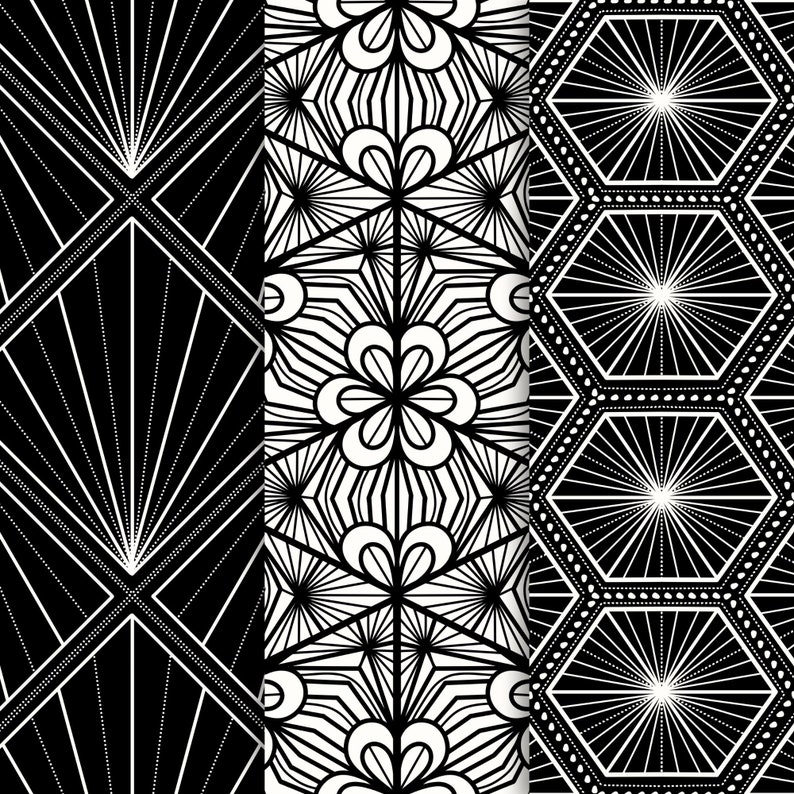 May include: Three black and white geometric patterns. The first pattern is a diamond shape with radiating lines. The second pattern is a flower with radiating lines. The third pattern is a hexagon with radiating lines.