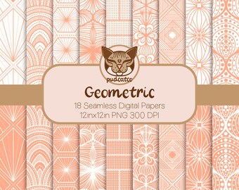 18 Hand-Drawn Geometric Designs, Peach and White Seamless Digital Paper, Repeating Geo Pattern, Digital Backgrounds, Scrapbooking