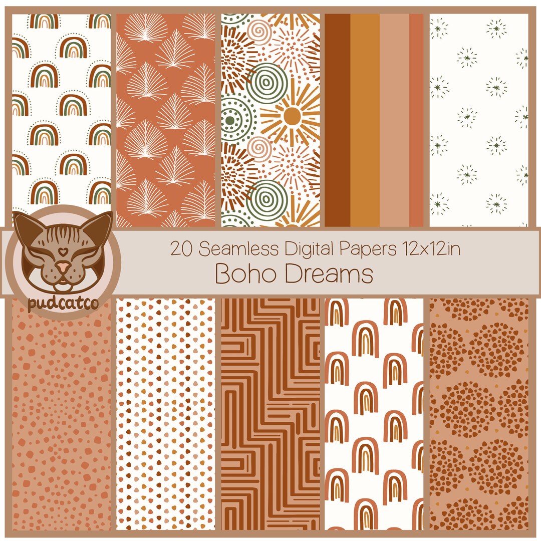 20 Hand-drawn Boho Inspired Designs, Rust and Mustard Seamless Digital ...