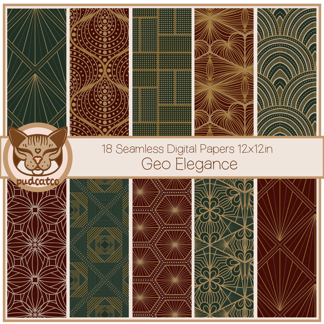 Art Deco Red and Green Seamless Digital Paper, Geometric Patterns ...