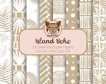 28 Hand-Drawn Island Boho Designs, Sand Beige and White Seamless Digital Paper, Simple Coastal Patterns, Palm Trees, Polka Dots