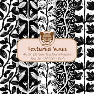 Pretty Textured Vine Designs, 40 Seamless Digital Papers, Printable Black and White Repeating Patterns, Commercial Use, Cute Botanicals