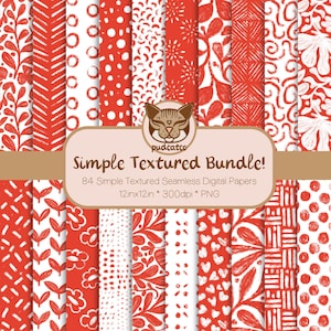Simple Textured Digital Paper Bundle, 84 Printable Bright Red and White Repeating Patterns, Commercial Use, Classic Seamless Designs