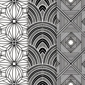 May include: Three black and white seamless patterns. The first pattern features a repeating geometric design with overlapping circles. The second pattern features a repeating design of black and white arches. The third pattern features a repeating geometric design with overlapping lines.