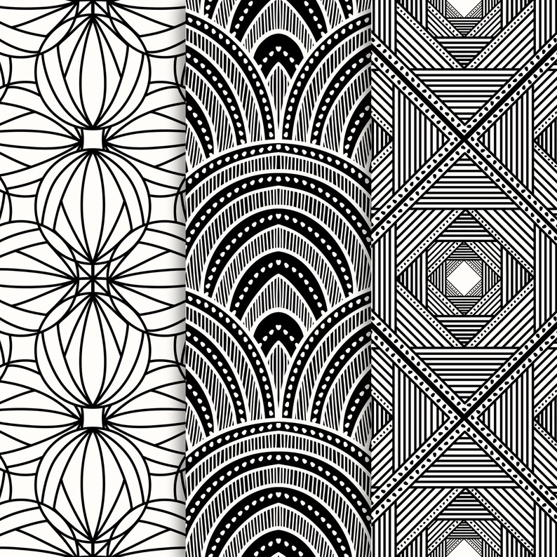 May include: Three black and white seamless patterns. The first pattern features a repeating geometric design with overlapping circles. The second pattern features a repeating design of black and white arches. The third pattern features a repeating geometric design with overlapping lines.