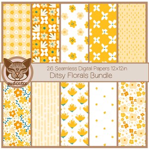 Könnte beinhalten: Ein Set mit 26 digitalen Papieren mit gelben und weißen Blumenmustern. Die Papiere sind 30,5 x 30,5 cm groß und perfekt zum Basteln und Scrapbooking.