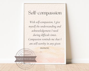 Arte de pared de autocompasión imprimible, Descarga instantánea, Salud mental, Decoración de la oficina del terapeuta, afirmaciones positivas, impresiones en acuarela