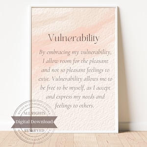 Peut inclure: Un téléchargement numérique imprimable avec un fond pêche et une citation sur la vulnérabilité. La citation dit : "En embrassant ma vulnérabilité, je laisse place aux sentiments agréables et désagréables pour qu'ils existent. La vulnérabilité me permet d'être libre d'être moi-même, car j'accepte et j'exprime mes besoins et mes sentiments aux autres."