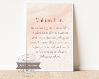May include: A printable digital download with a peach background and a quote about vulnerability. The quote reads: "By embracing my vulnerability, I allow room for the pleasant and not so pleasant feelings to exist. Vulnerability allows me to be free to be myself, as I accept and express my needs and feelings to others."