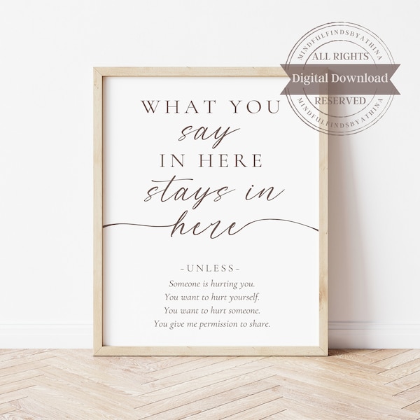 What you say in here stays in here print| Confidentiality |Digital Download| Counseling office decor| Therapist Wall Art| JPG pdf| Print