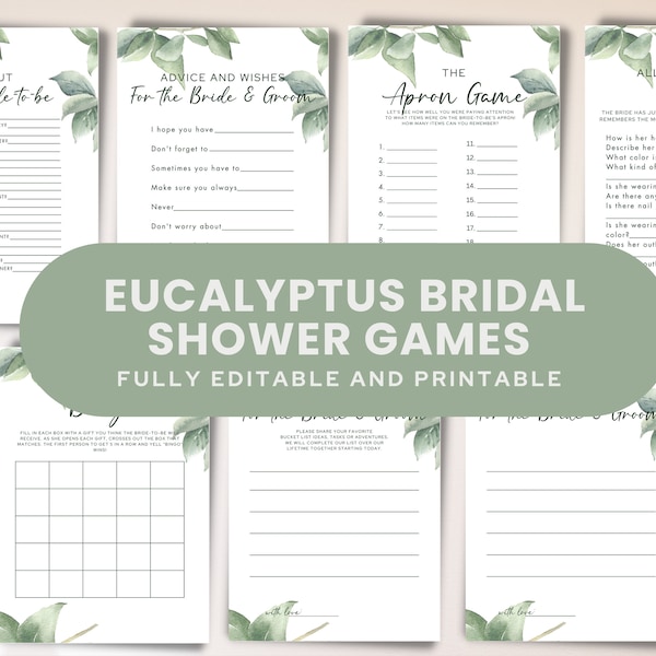 Eucalyptus Bridal Shower Games Bundle Printable, Editable Hen Party Games Pack, Greenery Bachelorette Template, Floral Wedding Activity