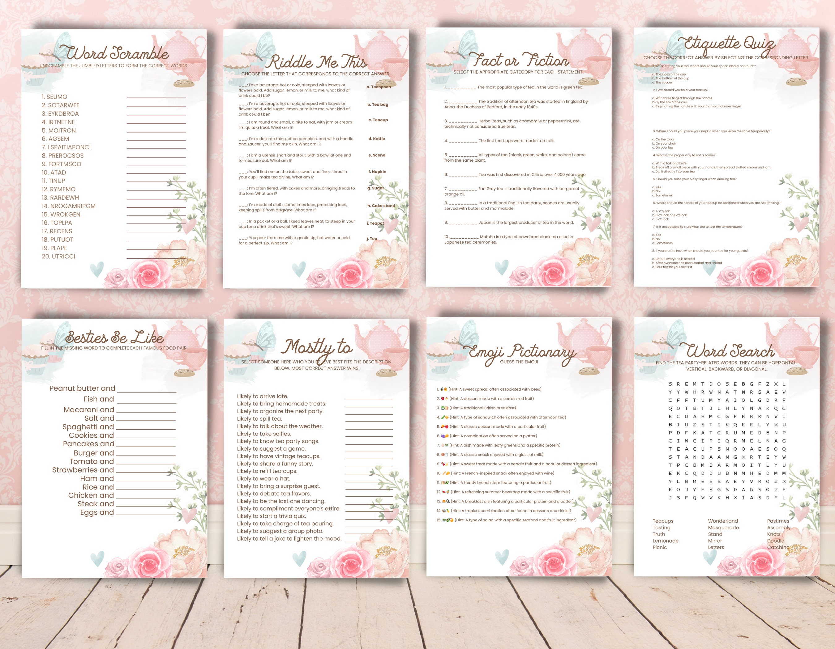 Tea Party Printable Games Bundle Floral Tea Party Birthday Activities ...