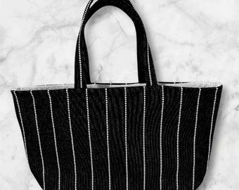 Trendy Black and White Stripe tote bag. White lining. Reversible. handmade, Large, Work bag, School bag, Beach bag, Overnight, Shopping bag