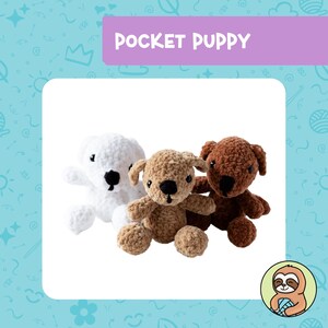 May include: Three crocheted stuffed animals in the shape of dogs. The dogs are white, brown, and light brown. The white dog is on the left, the brown dog is on the right, and the light brown dog is in the middle. The dogs are all sitting up and looking at the camera. The text "POCKET PUPPY" is written in purple letters on a light purple background.