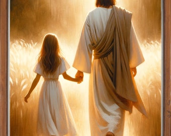 Christian Bible Art / Jesus Walking With Girl: Jesus PNG / Jesus Canvas Art / Modern Christian Art