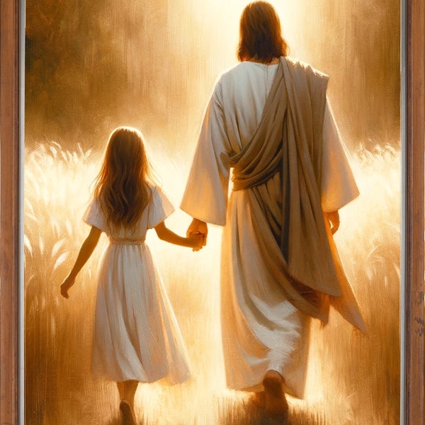 Christian Bible Art / Jesus Walking With Girl: Jesus PNG / Jesus Canvas Art / Modern Christian Art