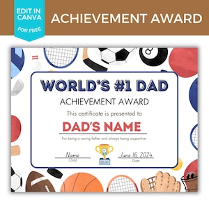 Editable Best Dad Award, Fathers Day Award, Certificate for Dad, Greatest Dad Award, Father&#39;s Day Gift, Number One Dad Award, Printable