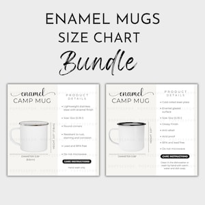Tabla de tallas de tazas de campamento esmaltadas, tabla de tallas de tazas para acampar, tarjeta de cuidado de tazas para fogatas, maqueta de taza para acampar, taza esmaltada Printify, instrucciones de cuidado de tazas
