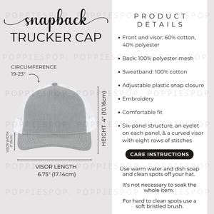 Heather Grey/White Snapback Trucker Hat Size Chart, Trucker Hat Size Guide, Embroidery Cap Care Card, Printify Trucker Cap, Dad Cap Mockup