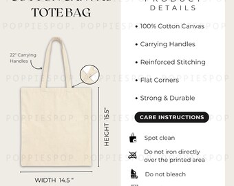 May include: A cream-colored cotton canvas tote bag with carrying handles. The bag is 14.5 inches wide and 15.5 inches high, with 22-inch carrying handles. The product details include reinforced stitching and flat corners. Care instructions: spot clean, do not iron directly, do not bleach, and line dry.