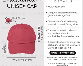 Tabela rozmiarów czerwonych, zniszczonych czapek unisex, przewodnik po rozmiarach czapek dla taty, karta do pielęgnacji czapek baseballowych, czapka dla taty Printify, makieta czapki dla taty, tabela rozmiarów czapek plażowych