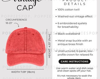 Red Vintage Cap Size Chart, Vintage Hat Size Guide, Embroidered Cap Care Card, Printify Vintage Cap, Baseball Cap Mockup, Hat Mockup
