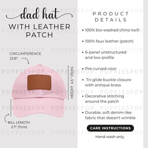 Pink Dad Hat With Brown Leather Patch Size Chart, Dad Cap Size Guide, Baseball Hat Care Card, Printify Dad Hat, Photo Listing, Hat Mockup