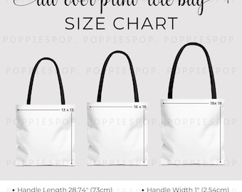 Tabla de tallas de bolsas de mano AOP, Guía de tallas de bolsas de mano, Maqueta de bolsa de mano AOP, Bolsa de mano AOP de Printify, Tabla de tallas de bolsas de mano, Guía de tallas de bolsas de mano blancas